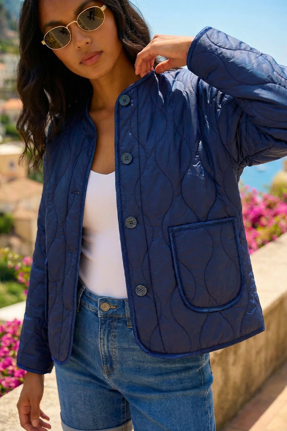 Navy  Two Tone Crew Neck Jacket , Image 1 of 4