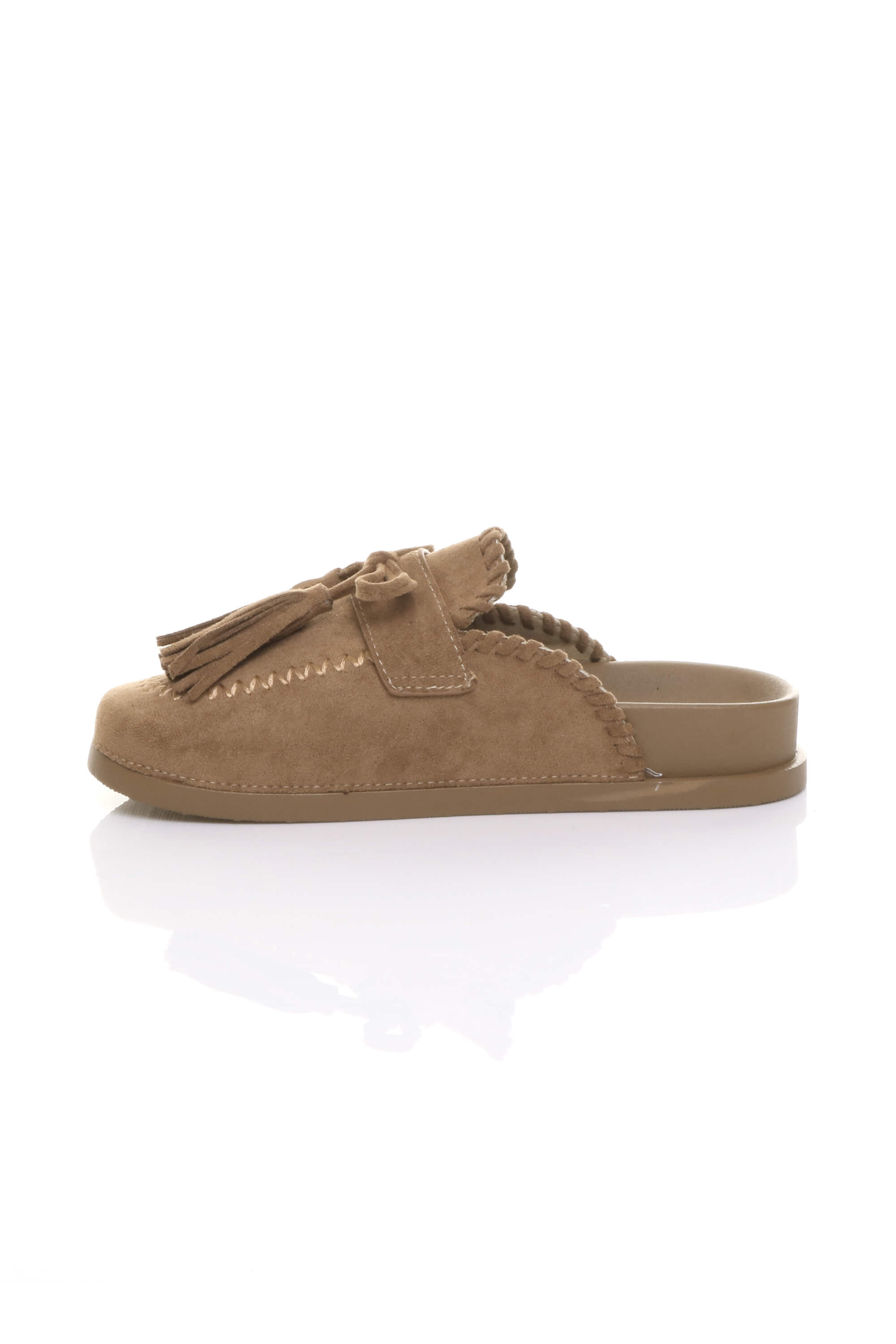 Camel Flat Tassel Moccasin Mules Sandals Sliders, Image 3 of 4