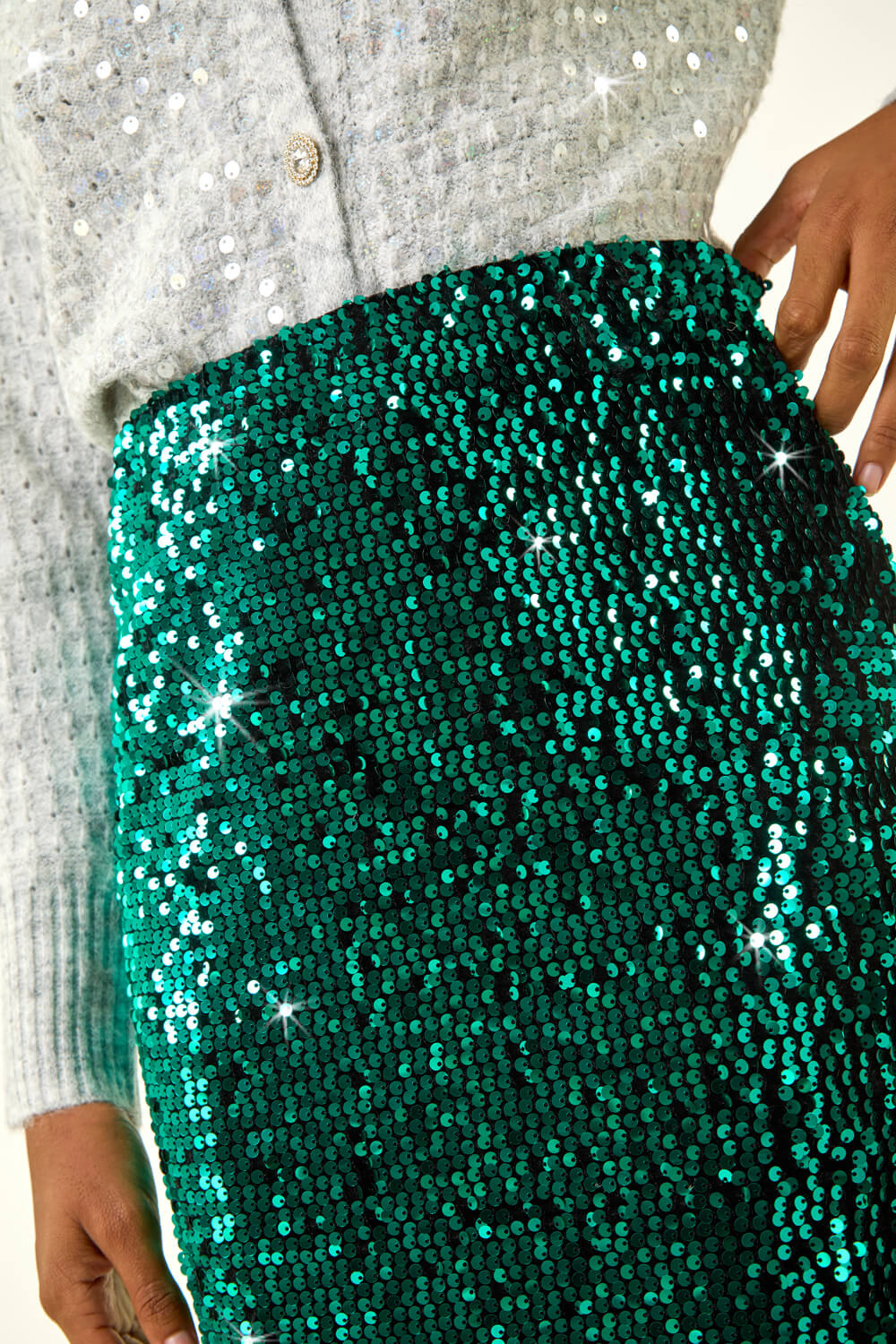 Teal Sequin Embellished Velour Stretch Skirt, Image 6 of 5
