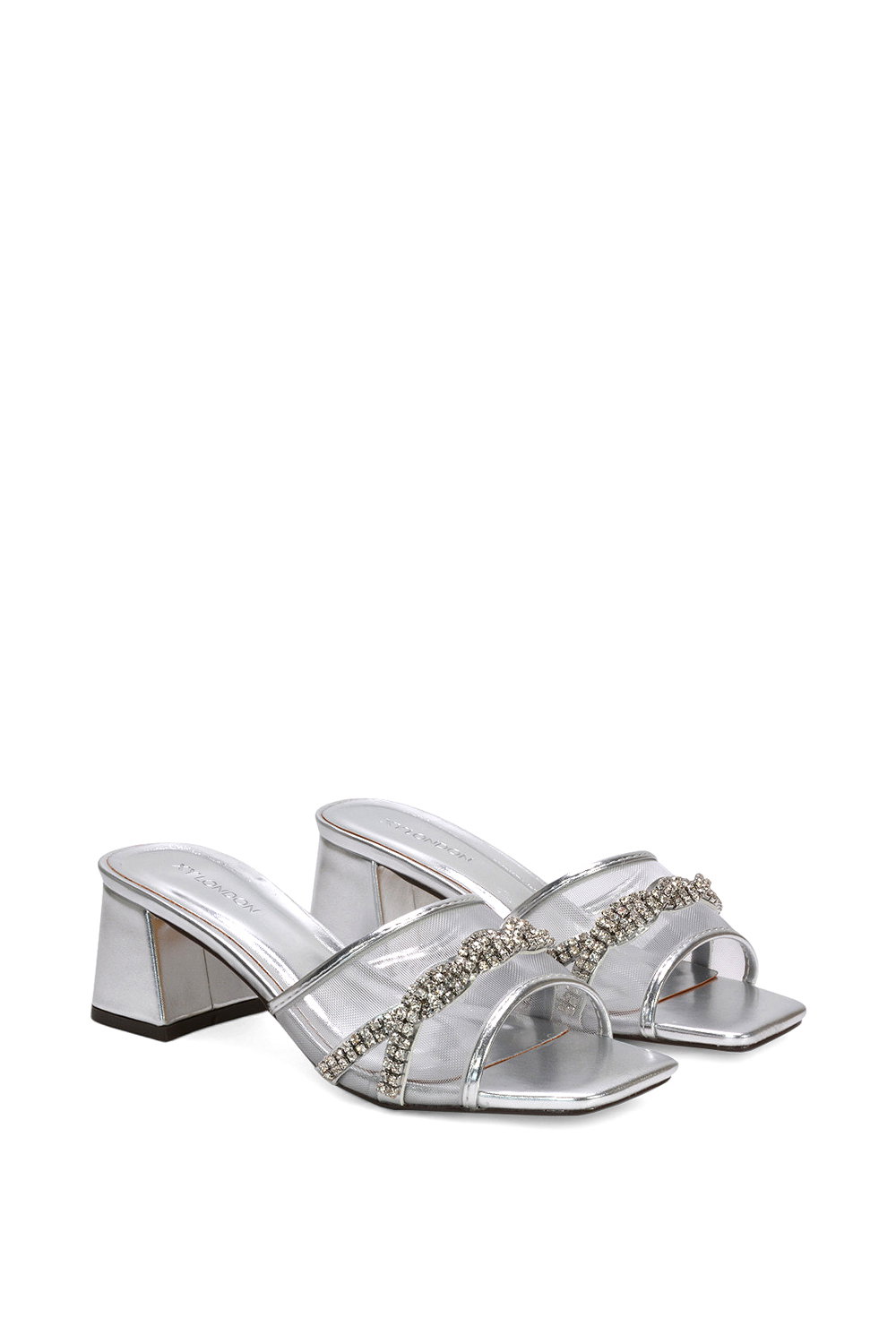 Silver 'Senara' Backless Block Heel Sandals With Crystals and Mesh, Image 3 of 6