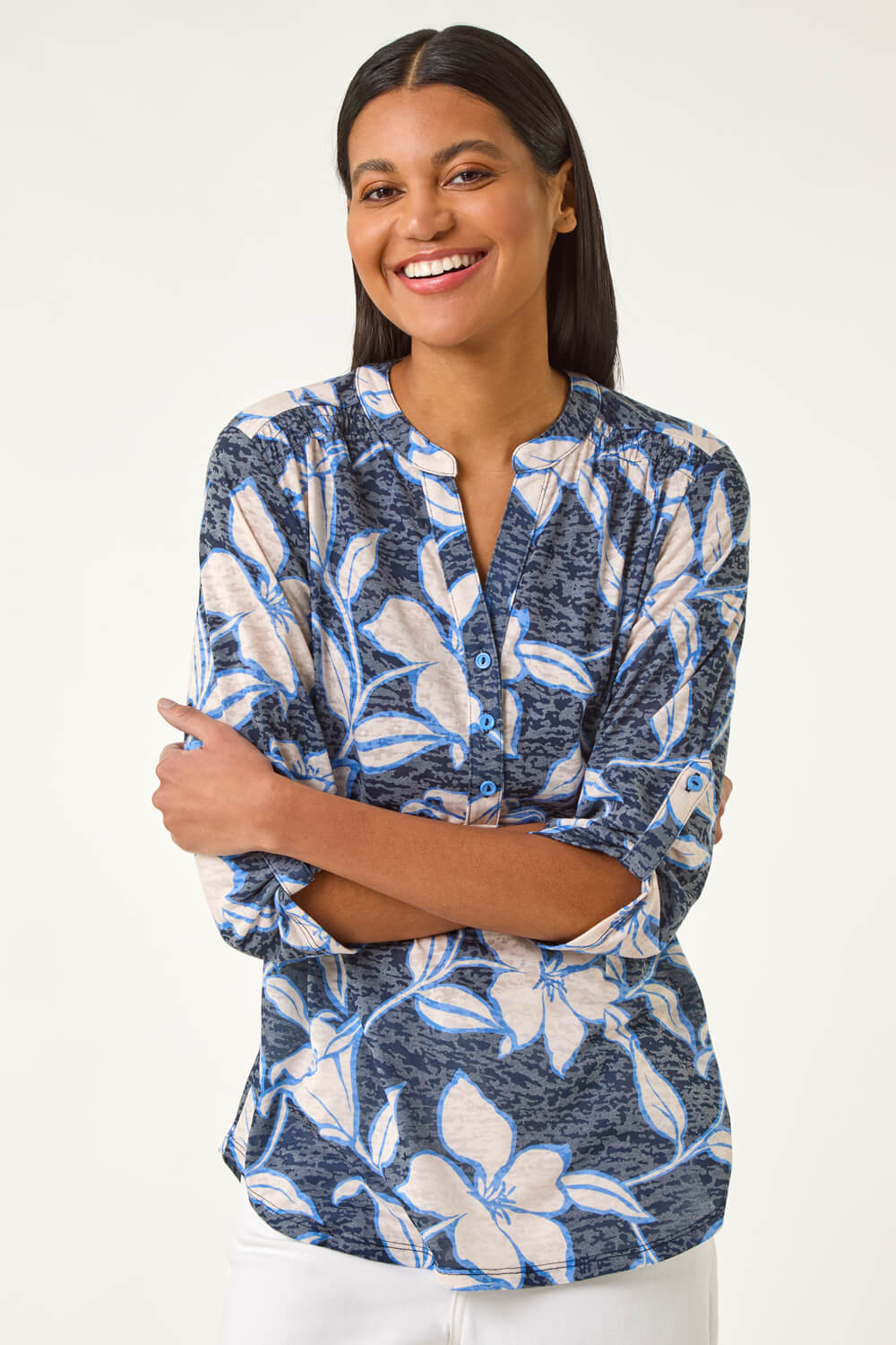 Navy Floral Print Burnout V-Neck Stretch Shirt, Image 3 of 5