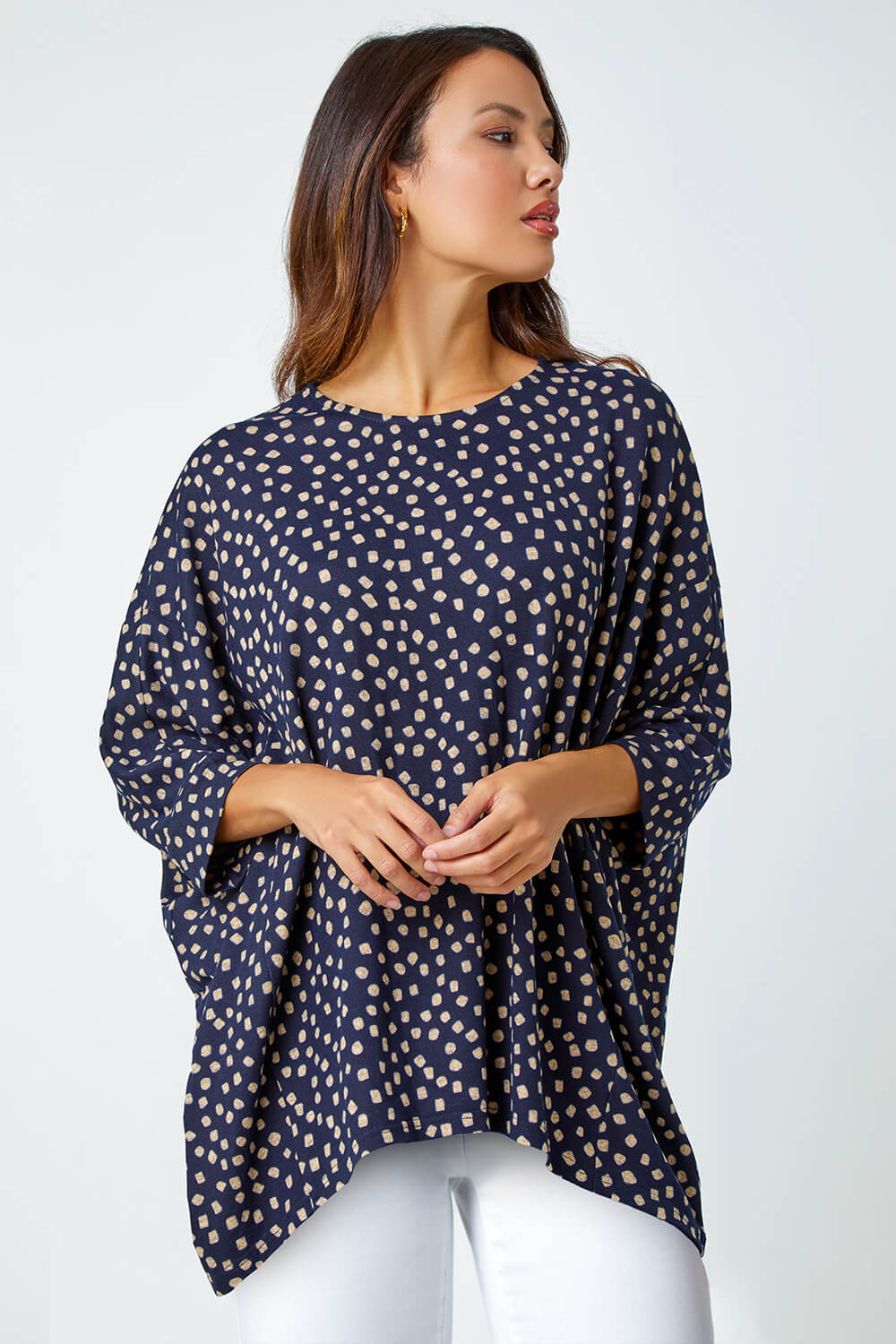 Roman Women's Navy Spot Print Hanky Hem Stretch Top Size 10