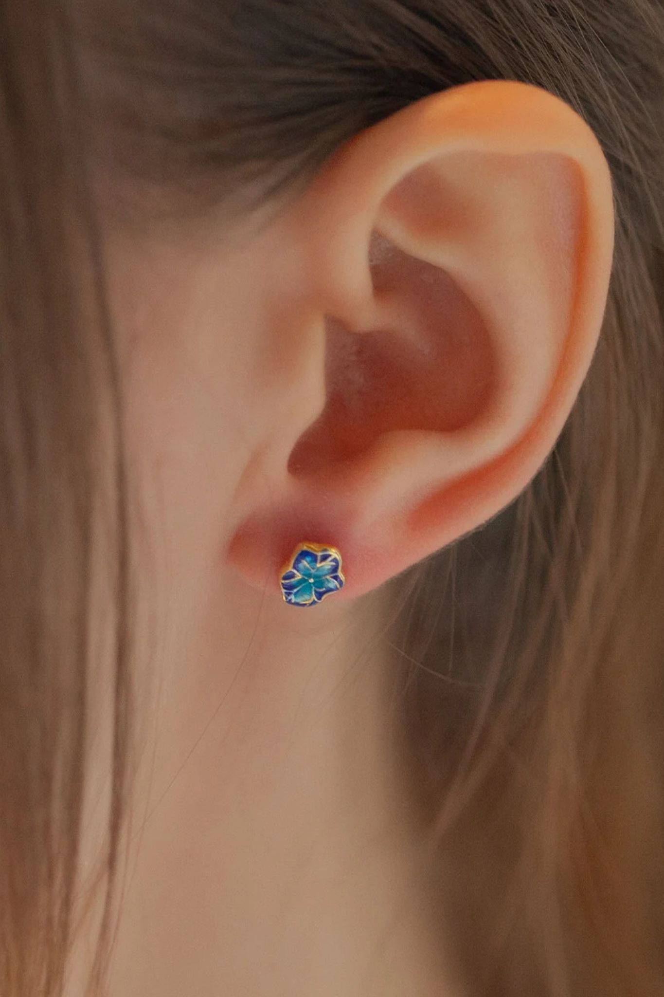 Blue Gold Plated Sterling Silver Blue Flower Studs, Image 2 of 3