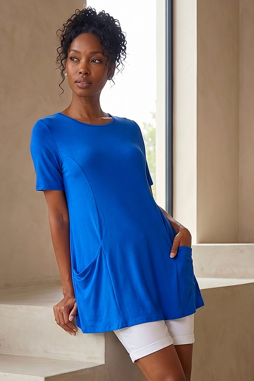 Royal Blue Pocket Detail Tunic Top, Image 1 of 4