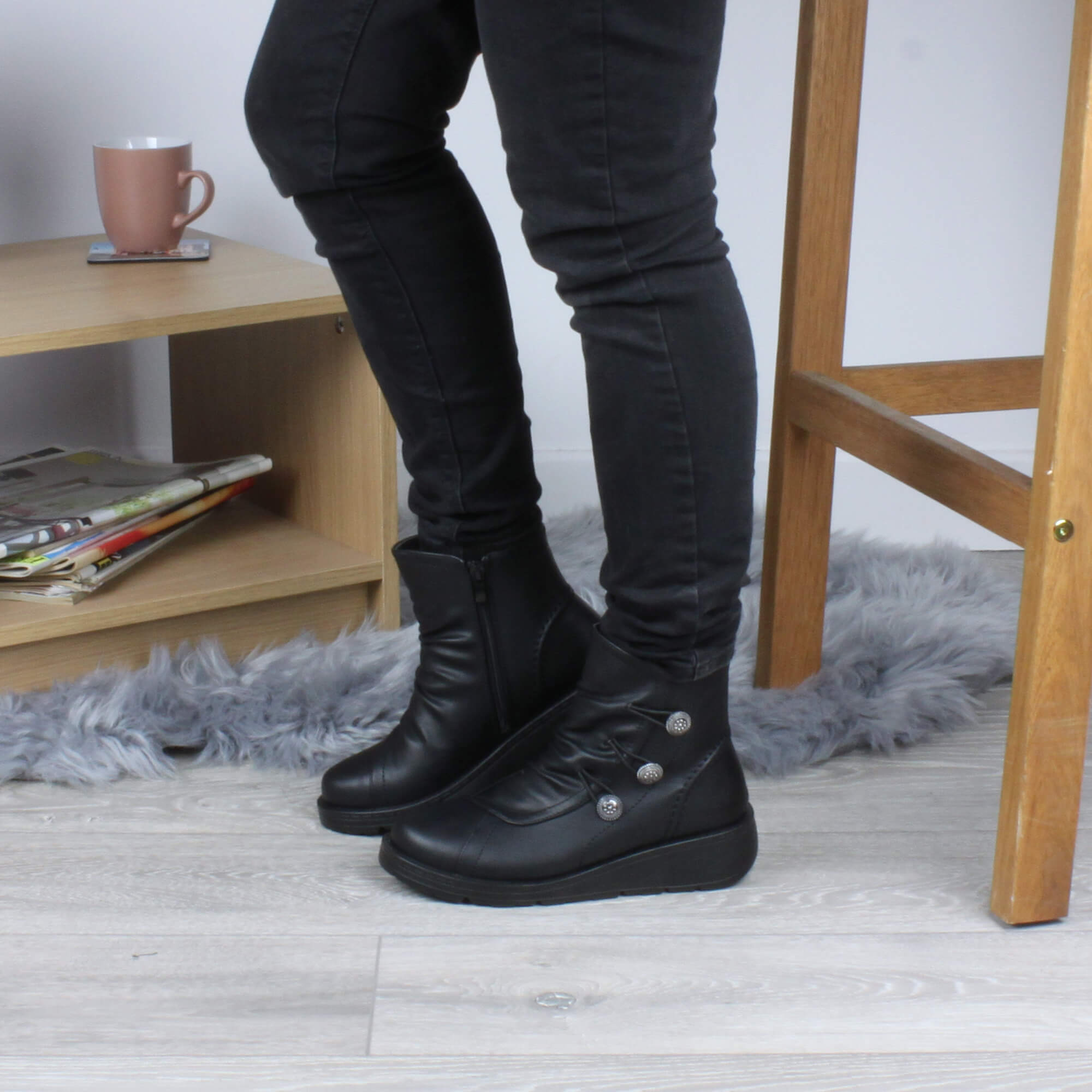 Black AJVANI Black Low Wedge Comfort Button Ankle Boots, Image 5 of 6