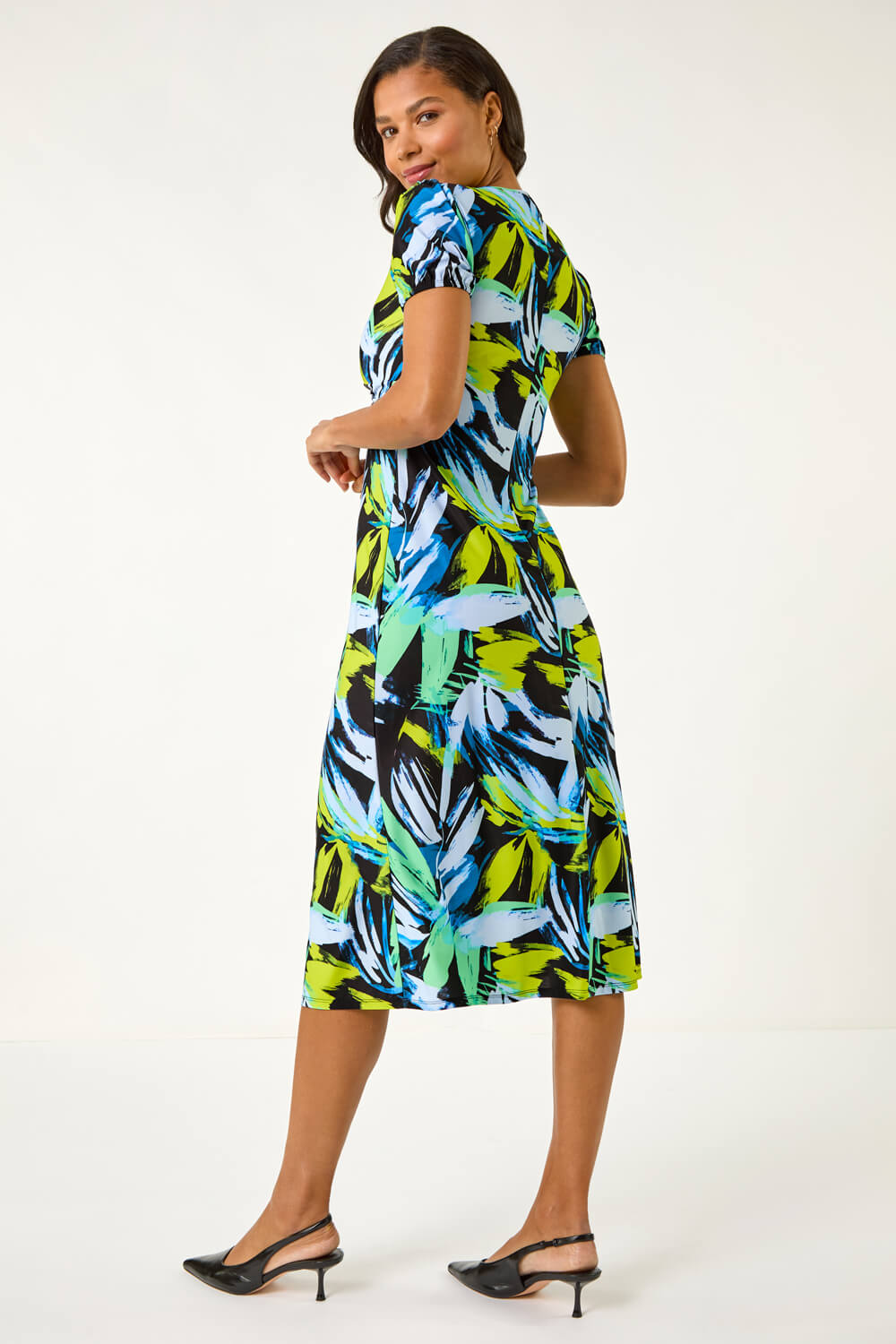 Blue Leaf Print Twist Front Midi Dress, Image 4 of 5