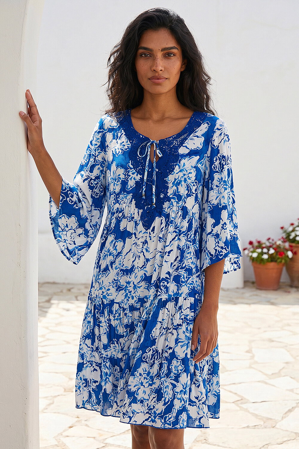 Blue Shadow Floral Lace Smock Dress, Image 1 of 4