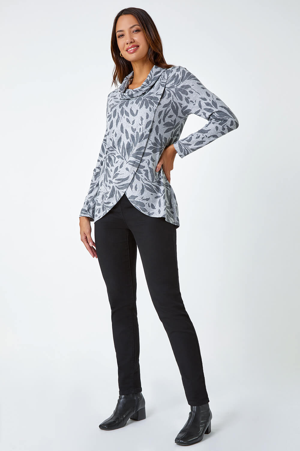 Grey Floral Print Cowl Neck Stretch Top , Image 3 of 5
