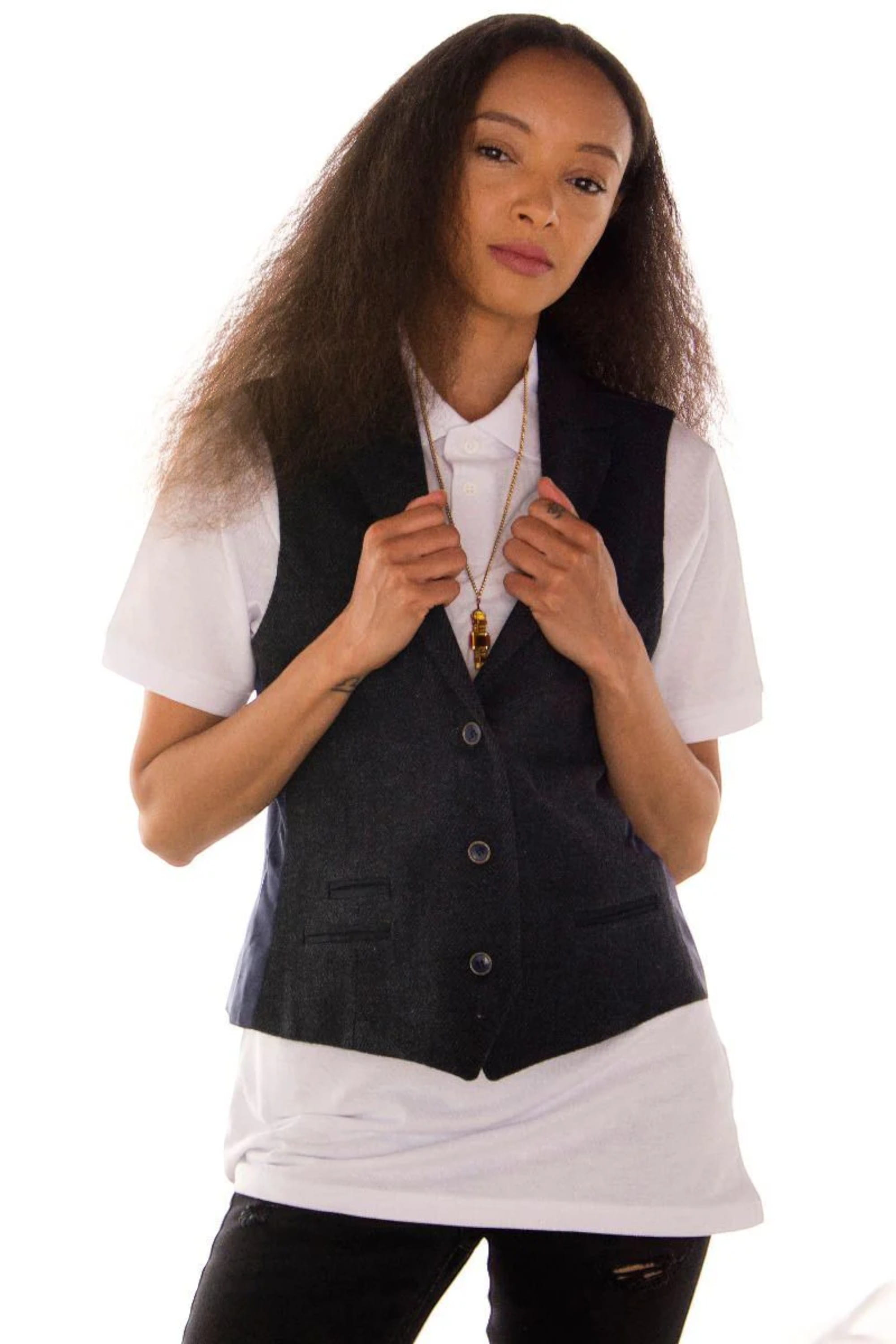 Navy Blue Infinity Leather Navy Blue Tweed 1920s Herringbone Navy Waistcoat, Image 3 of 6
