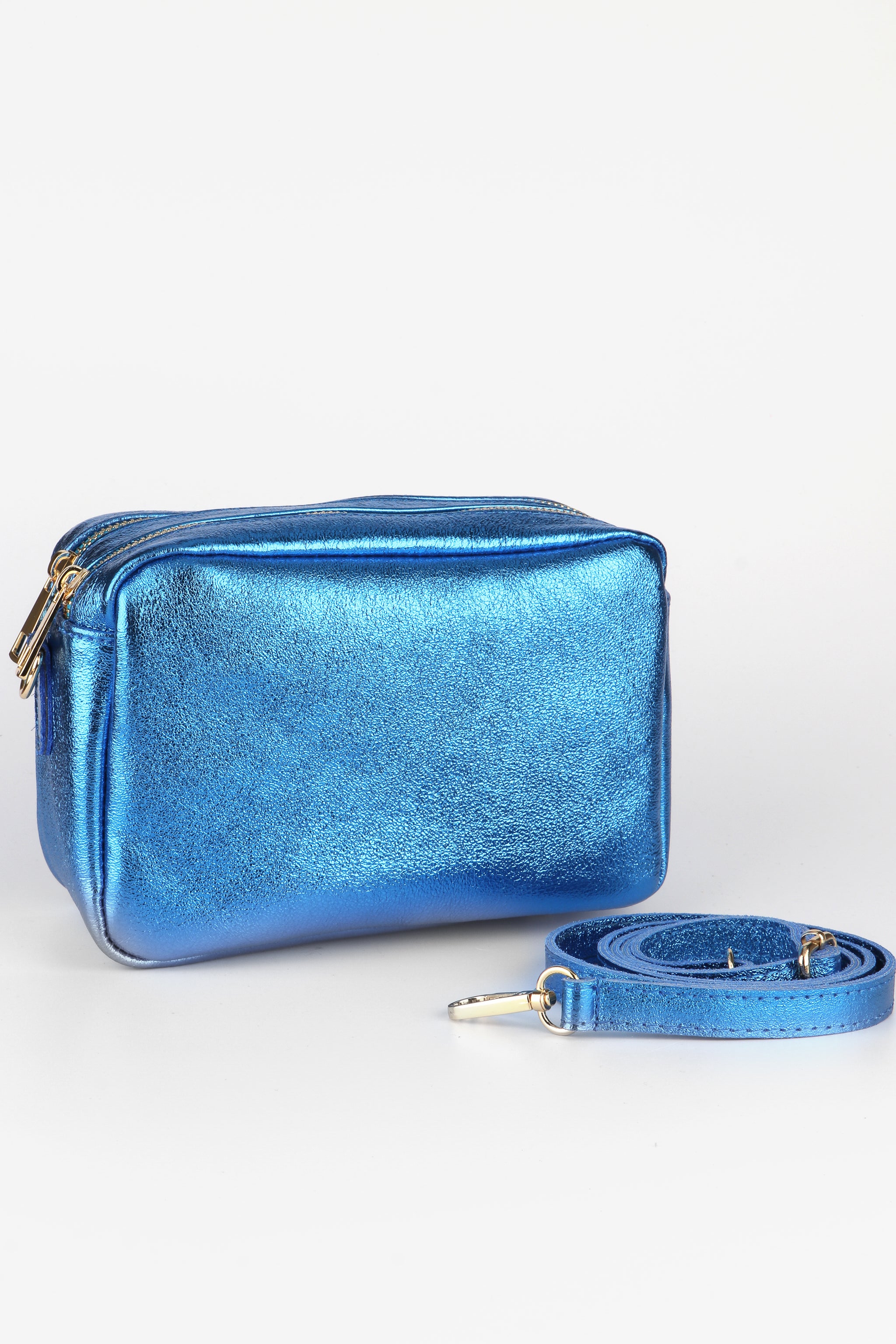 Blue Sarta Blue Double Zip Metallic Leather Crossbody Bag, Image 1 of 3