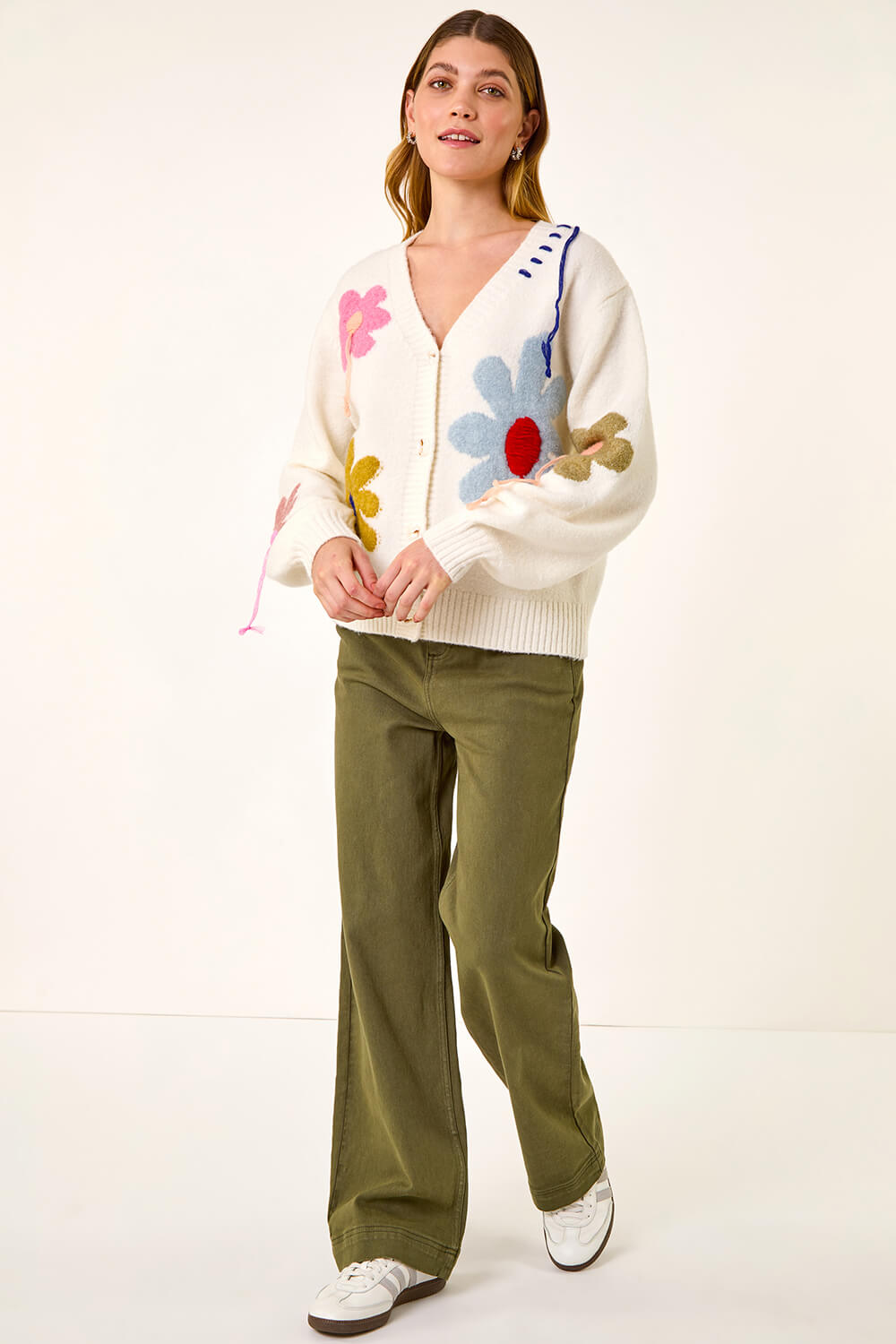 Ivory Floral Stitch Knit Cardigan, Image 4 of 6