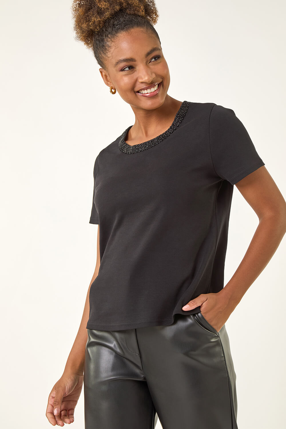 Black Beaded Neck T-Shirt, Image 5 of 5