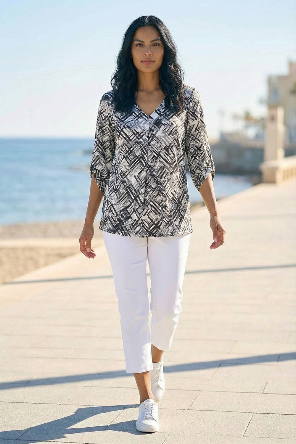 Ivory Geometric Print Pleat Front Top, Image 3 of 3