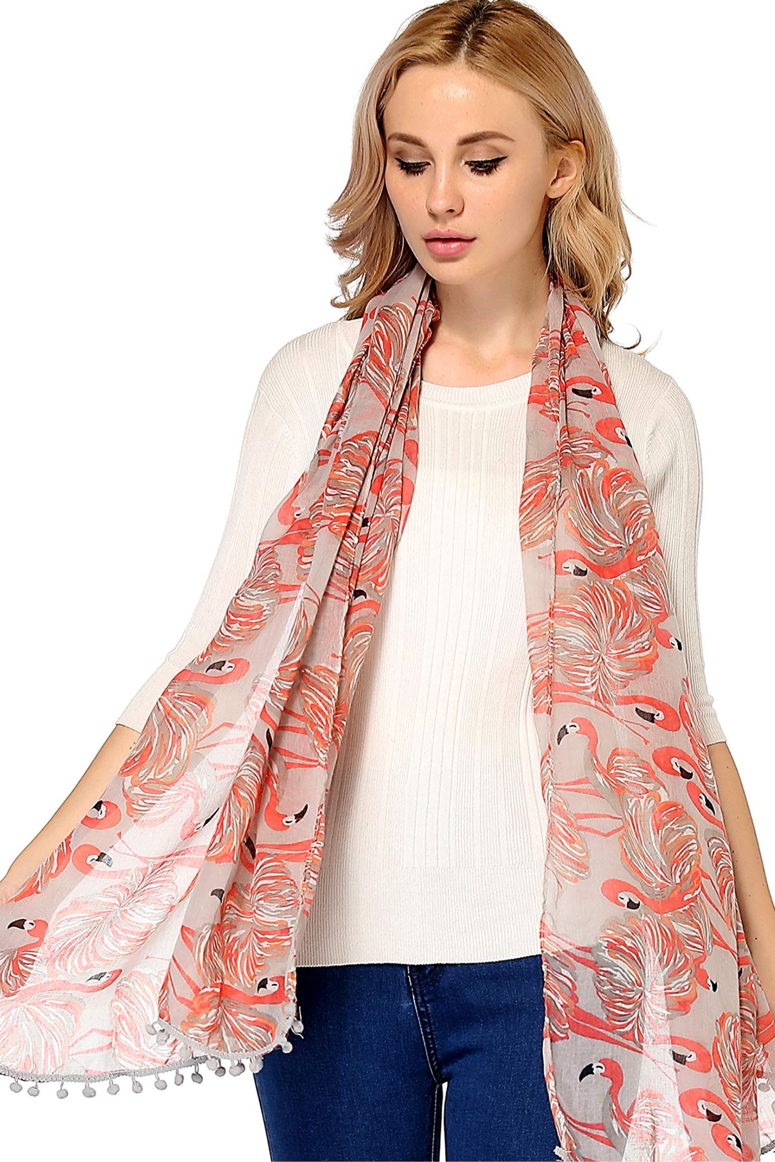 Pink Flamingo Pom Pom Trim Scarf, Image 2 of 3