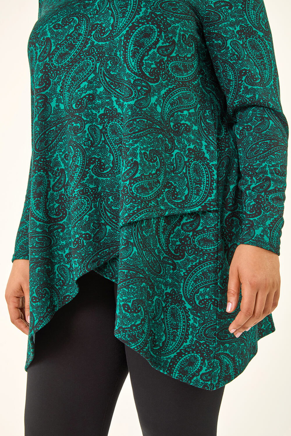 Green Curve Paisley Print V-Neck Stretch Top, Image 6 of 5
