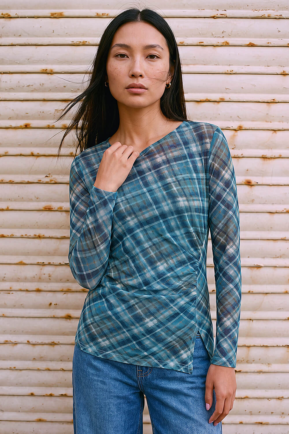 Roman Women's Blue Check Mesh Print Gathered Top Size 16