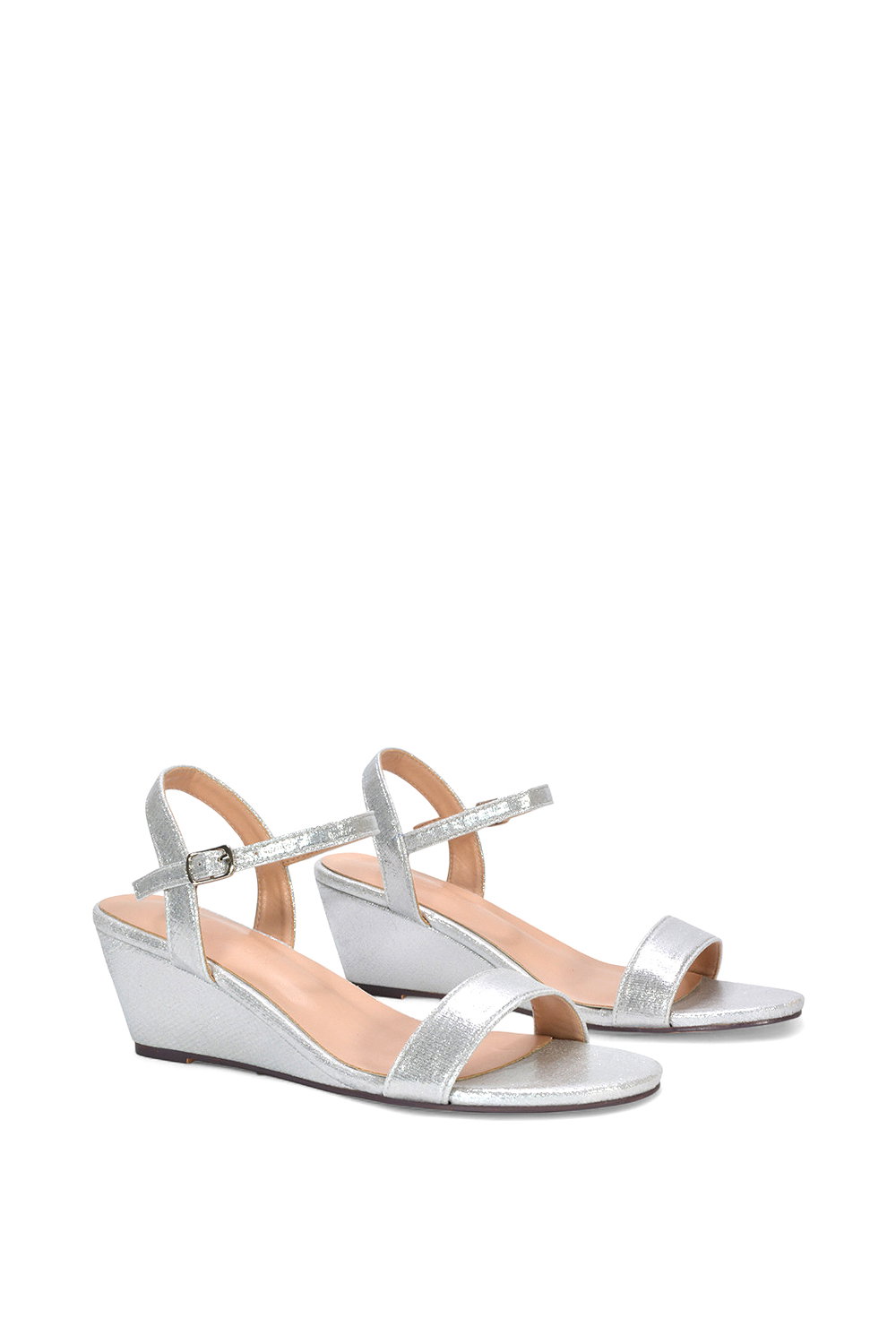 Silver XY LONDON Silver 'Alissa' Low Wedge Heel Sandals With Ankle Strap, Image 3 of 5