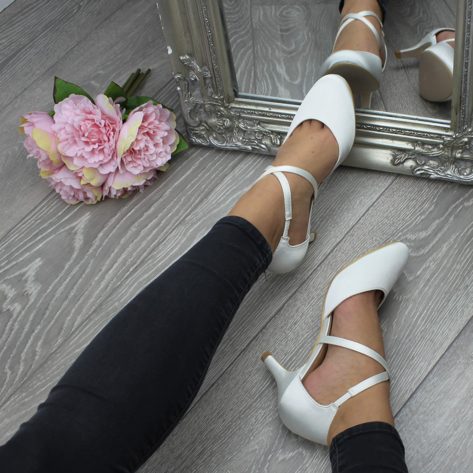 Ivory Mid Heel Crossed Straps Court Shoes, Image 5 of 6