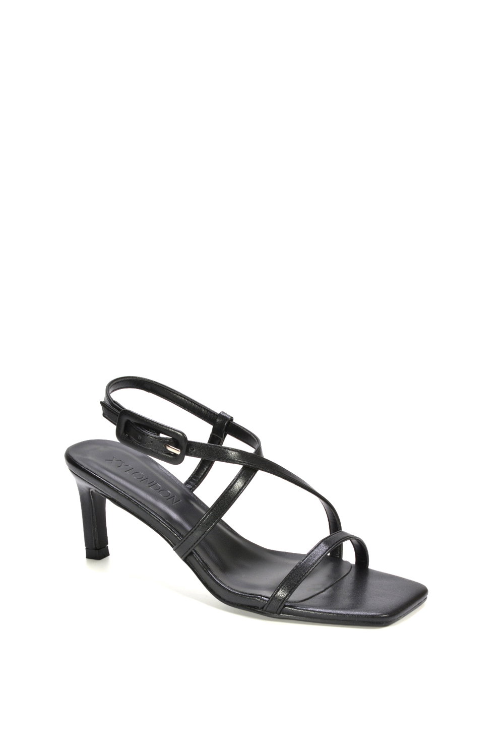 Black XY LONDON Black 'Gabriella' Square Toe Mid Stiletto Heel Sandals With Adjustable Strap, Image 2 of 5