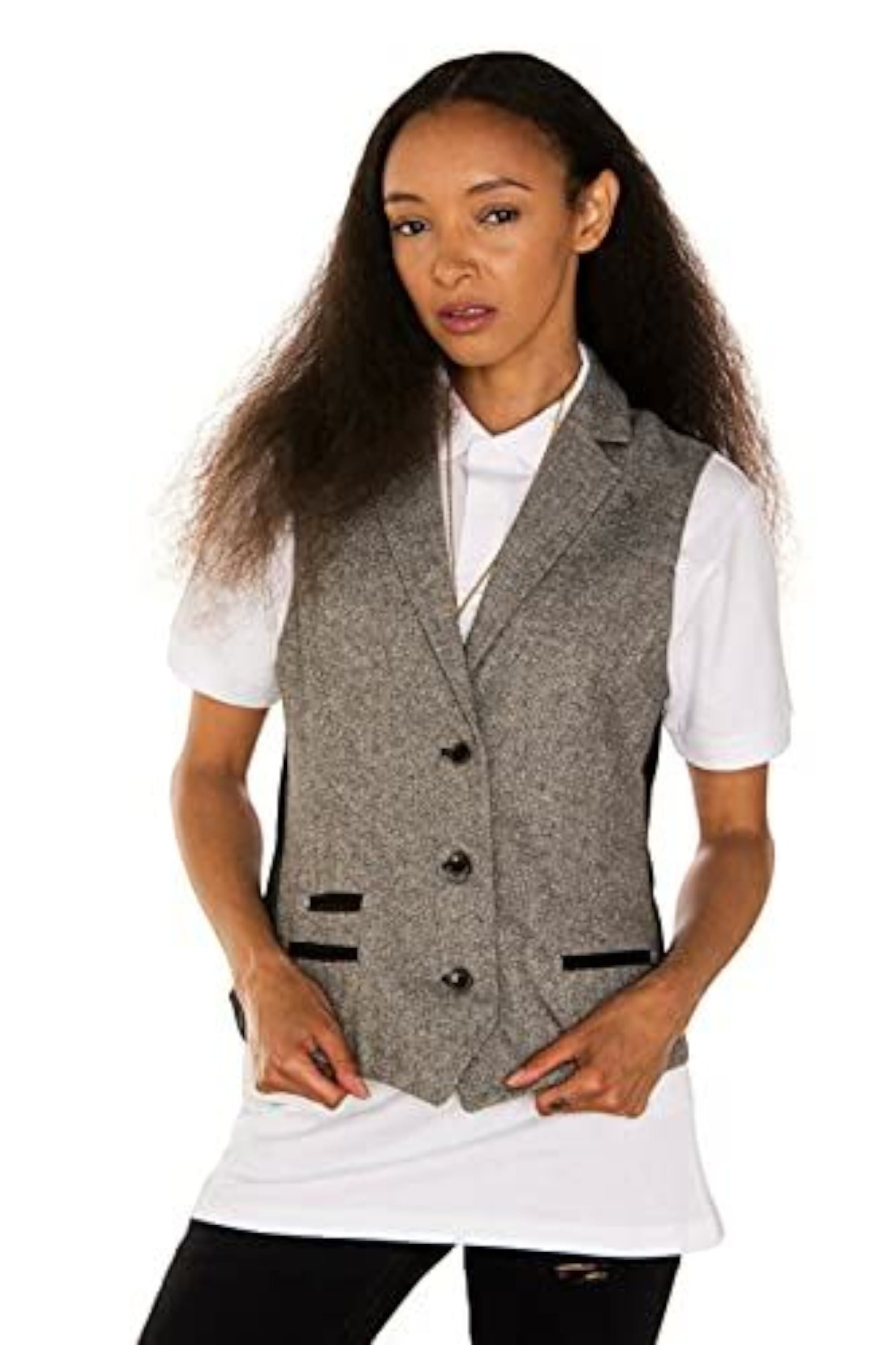Light Grey Infinity Leather Light Grey Tweed 1920s Herringbone Light Grey Waistcoat, Image 3 of 5