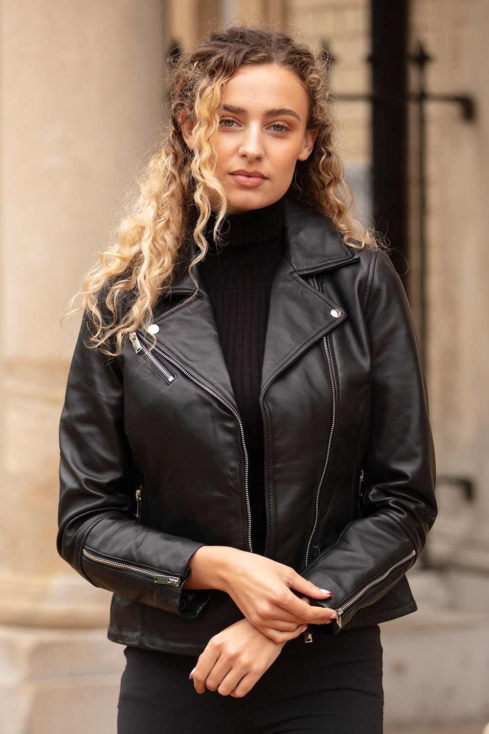 Black 'Giulia' Ladies Veg Tanned Leather Biker Jacket