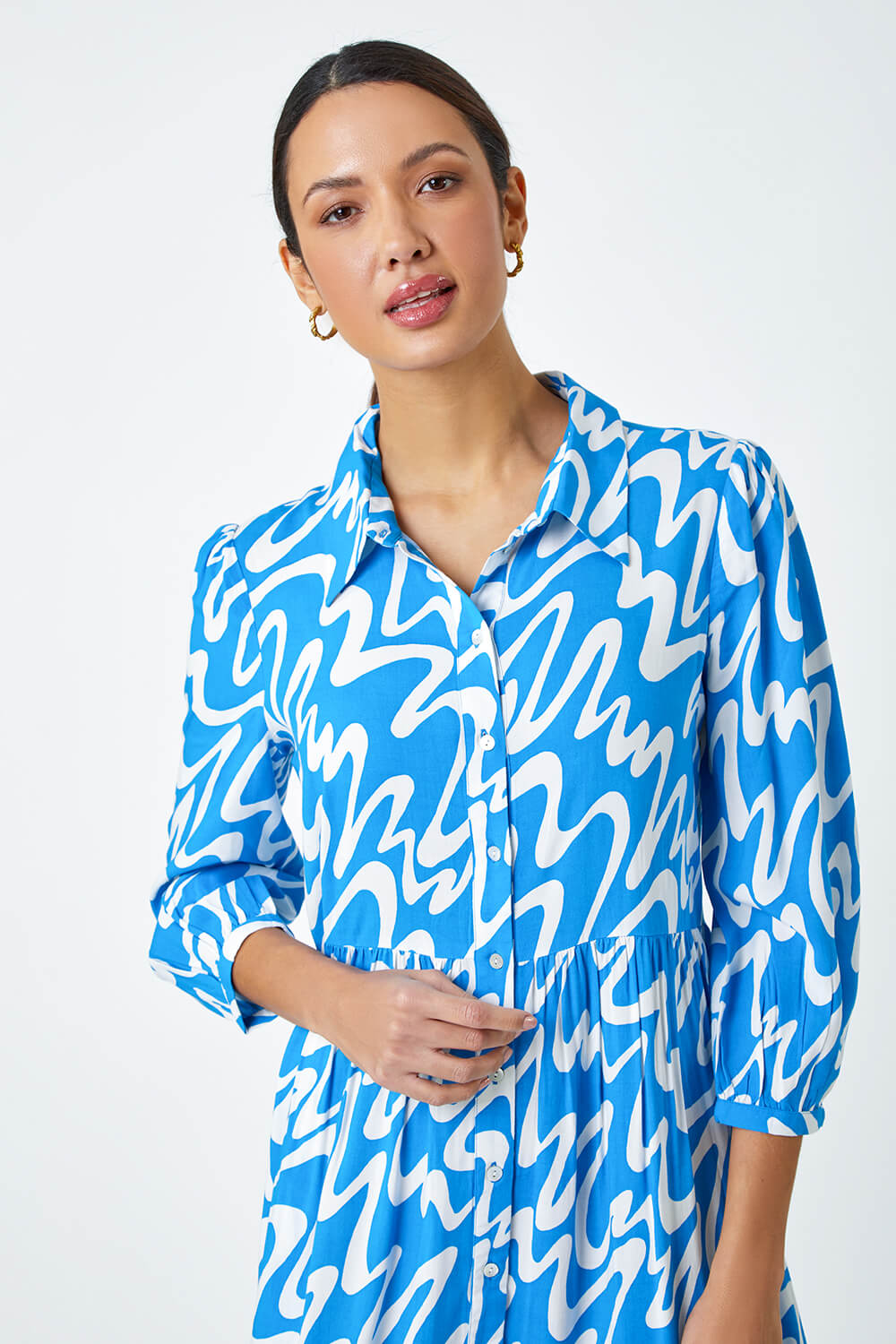 Turquoise Wave Print Tiered Shirt Dress, Image 5 of 5
