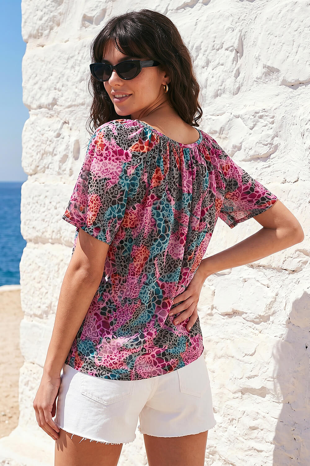 Purple Print Tie Front Button Top, Image 4 of 4