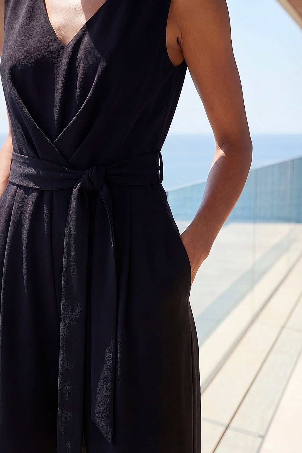 Black Pleated Wide Leg Stretch Jumpsuit, Image 5 of 4