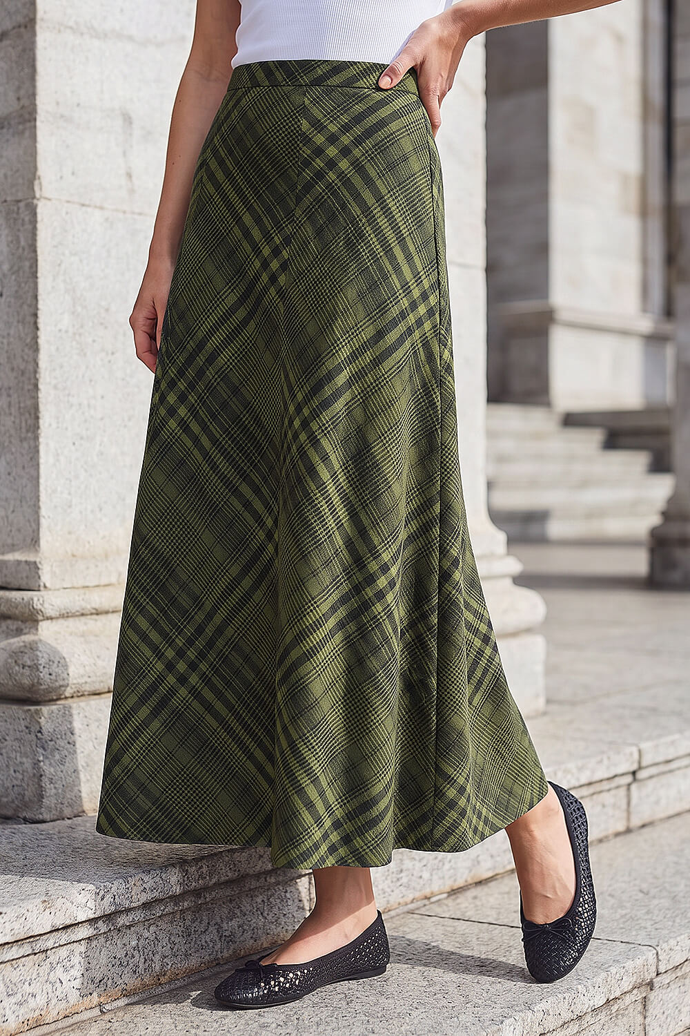 Green Print Check Midi Skirt, Image 1 of 4