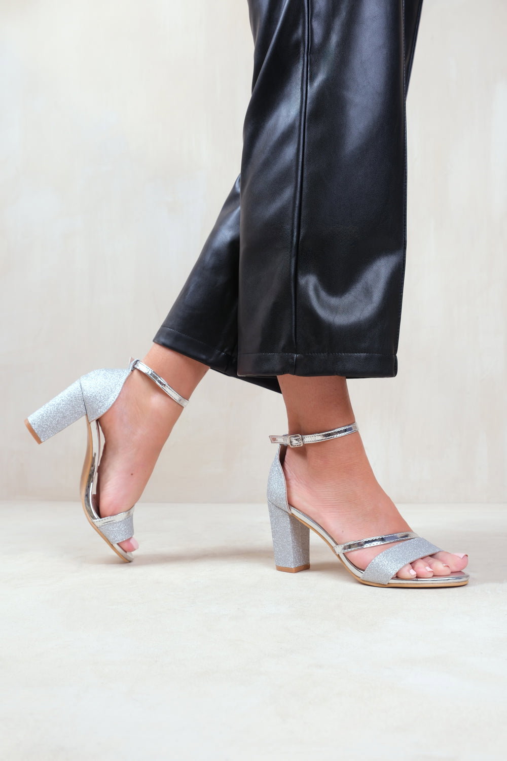 Silver 'Perla' Mid High Block Heel Sandals With Ankle Strap, Image 3 of 5