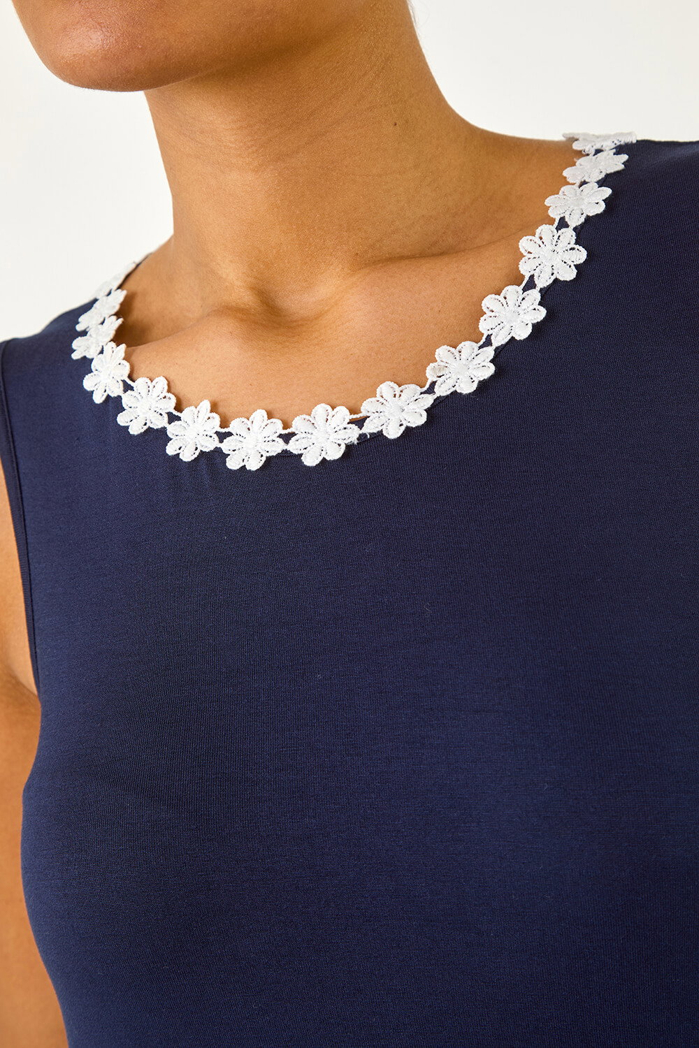 Navy Daisy Neck Trim Vest Top, Image 6 of 5