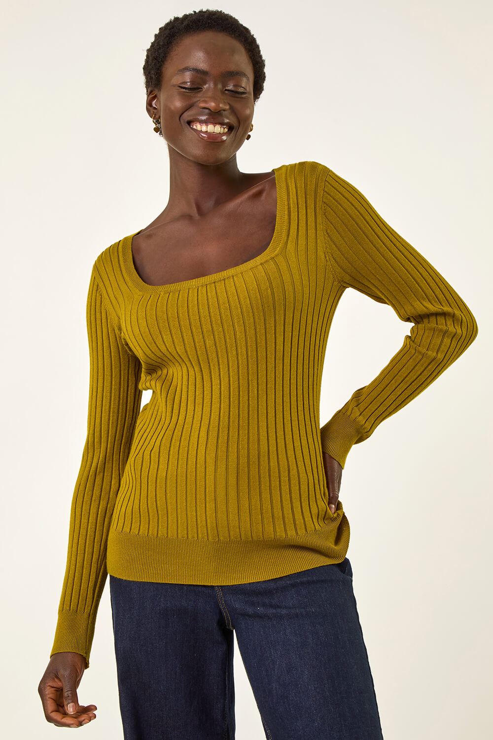Olive Square Neck Ribbed Knit Jumper, Image 5 of 5