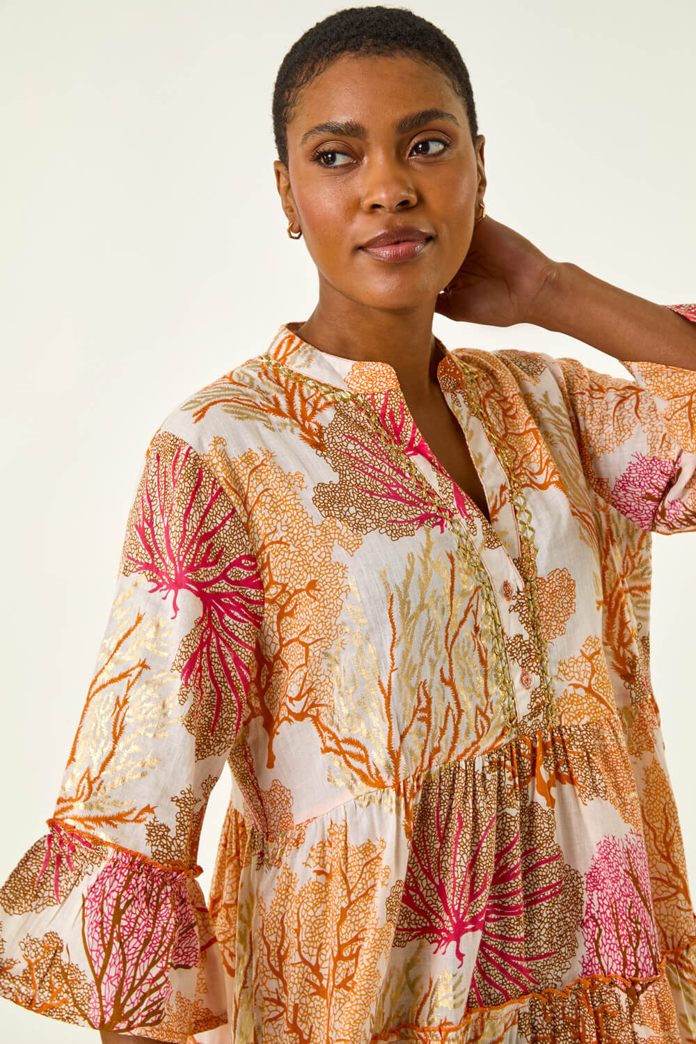 Orange Cotton Printed Frill Smock Dress, Image 5 of 5