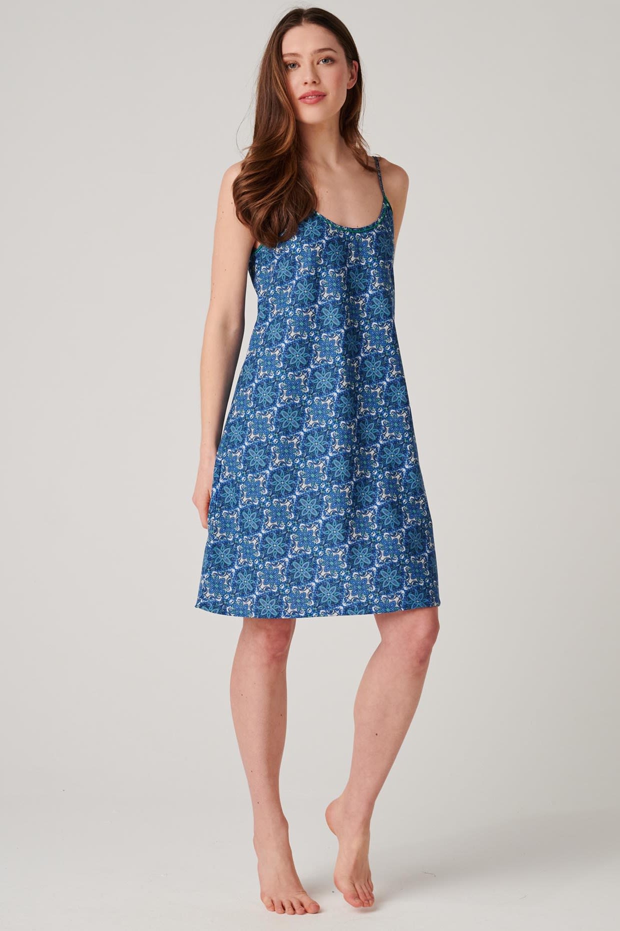 Blue "Marrakesh" Paisley Crisp Cotton Strappy Nightdress