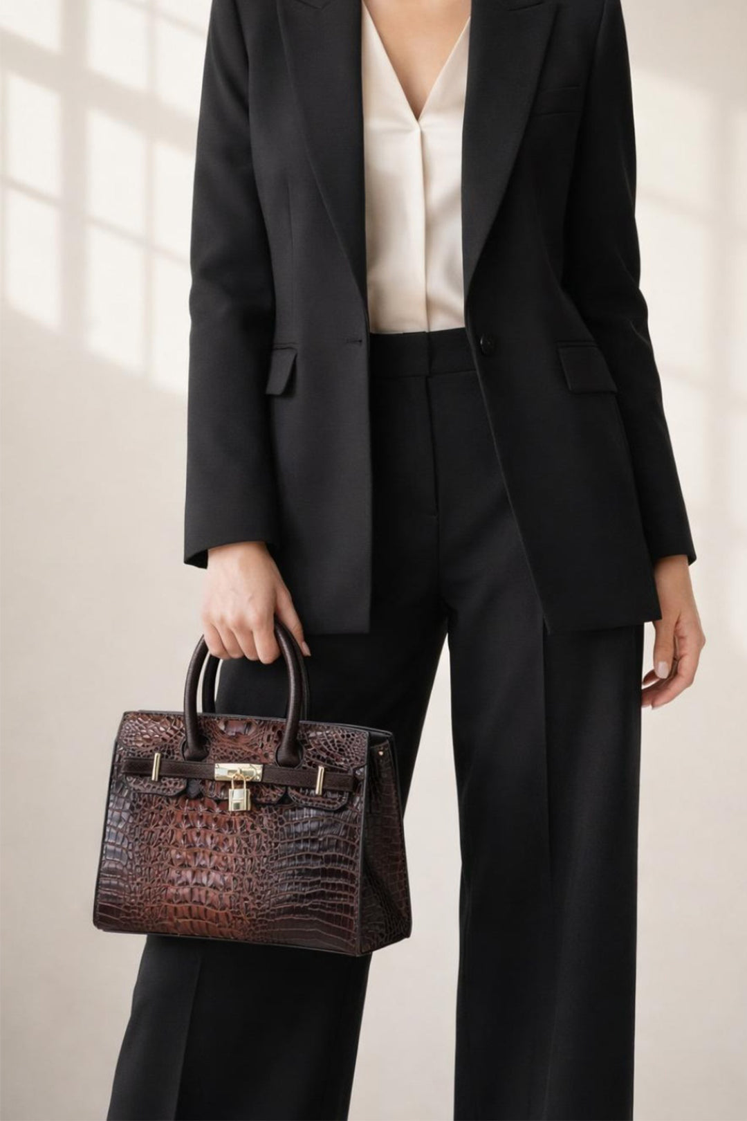Dark Brown Croc-Print Handbag, Image 1 of 5