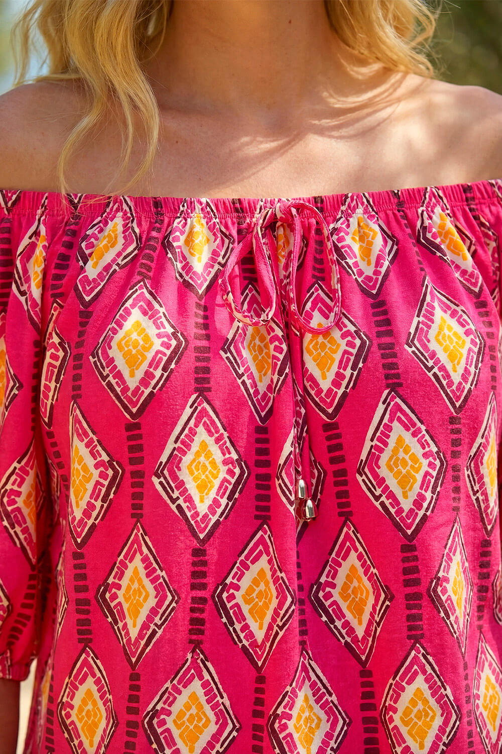 Pink Printed Bardot Tie Front Stretch Top, Image 5 of 4