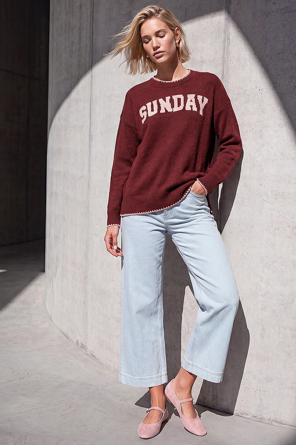 Burgundy Sunday Slogan Knit Jumper, Image 3 of 4