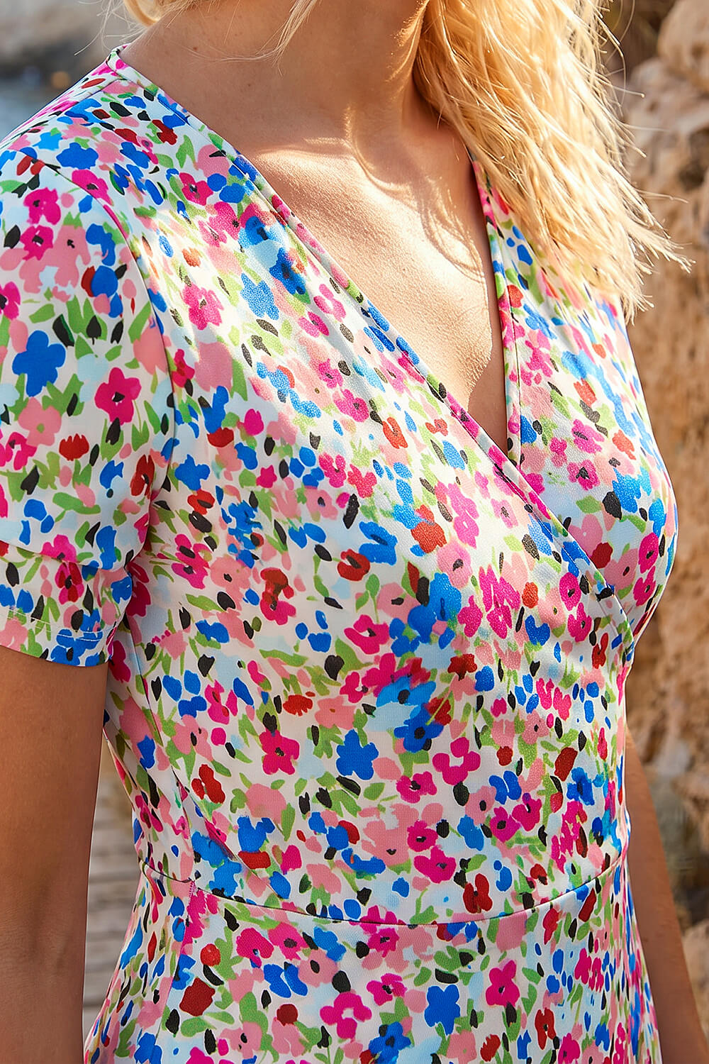Blue Petite Floral Frill Wrap Dress, Image 5 of 4