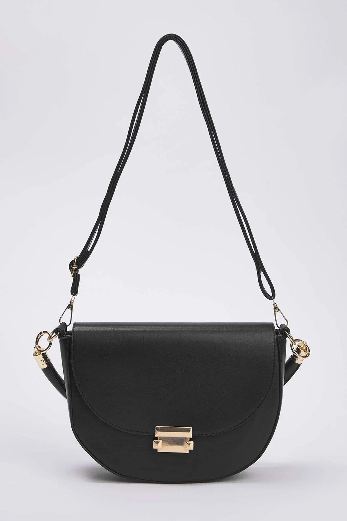 Black Metal Clasp Saddle Shoulder Bag, Image 1 of 4