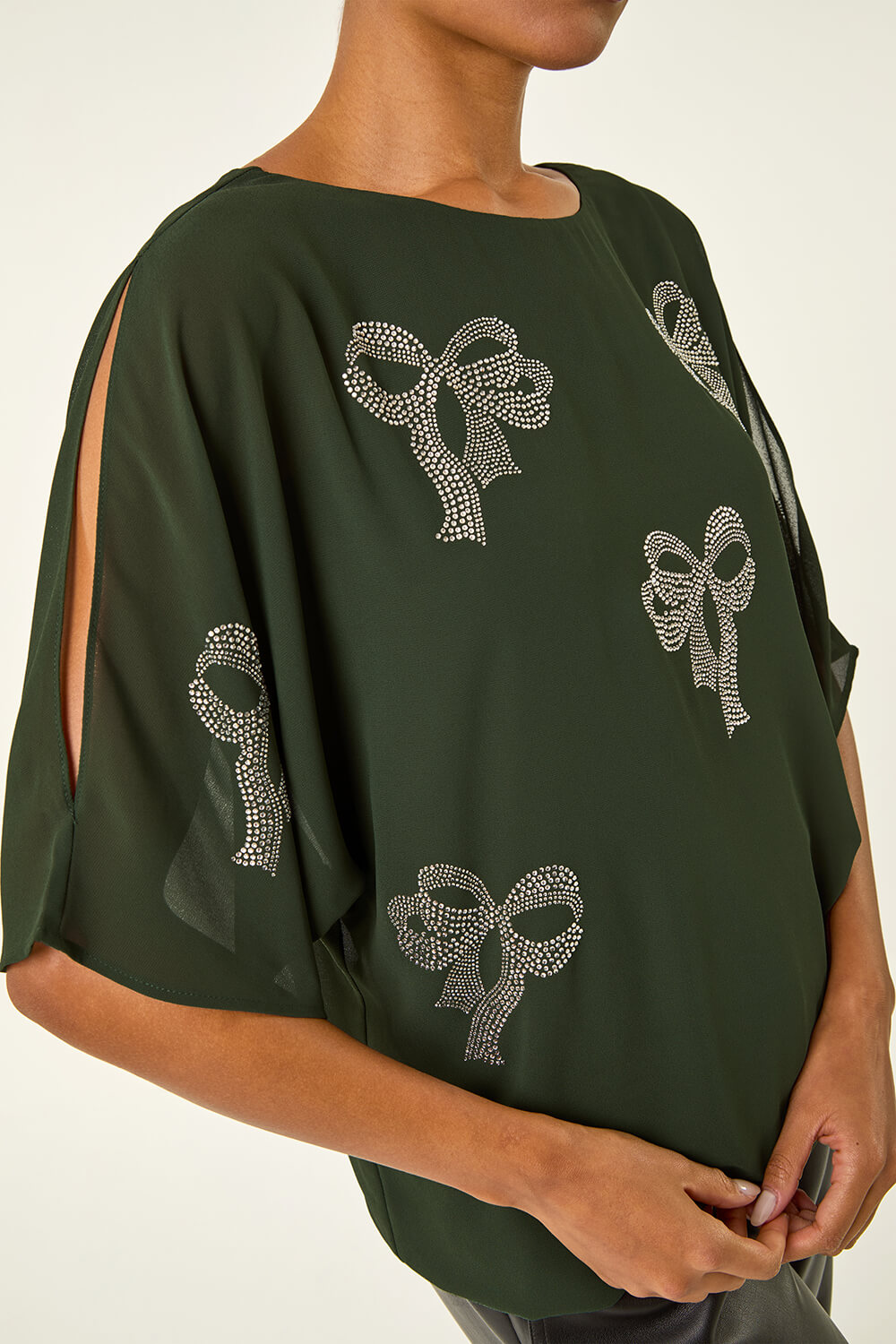 Dark Green Bow Hotfix Cold Shoulder Top, Image 6 of 5