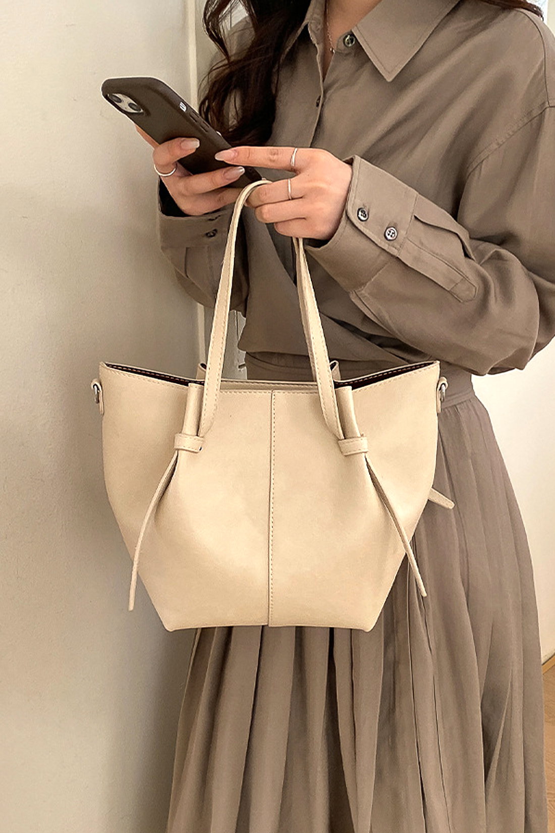 Beige Structured Handbag With Shoulder Strap, Image 1 of 5