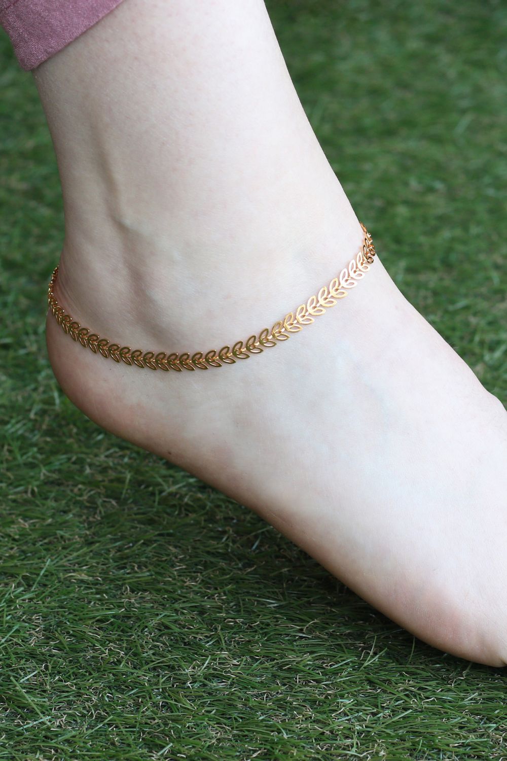 Gold Golden Brass Leaf Minimalist Boho Thin Slim Foot Payal Anklet, Image 2 of 2