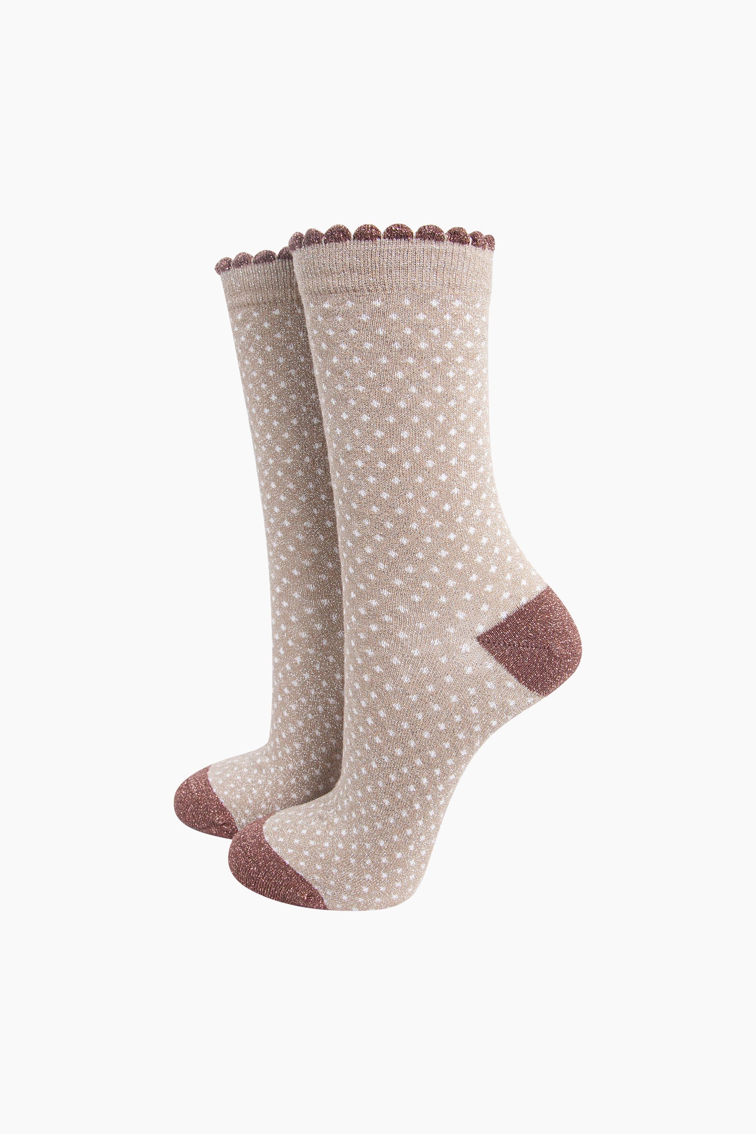 Beige Sock Talk Beige Polka Dots Combed Cotton Glitter Socks, Image 1 of 4