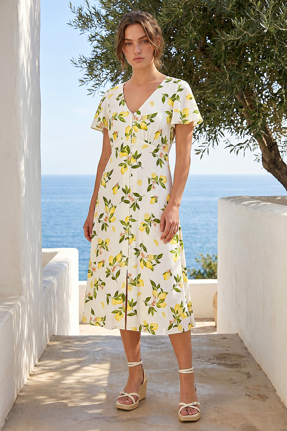 Ivory Petite Lemon Print Button Tea Dress, Image 4 of 4