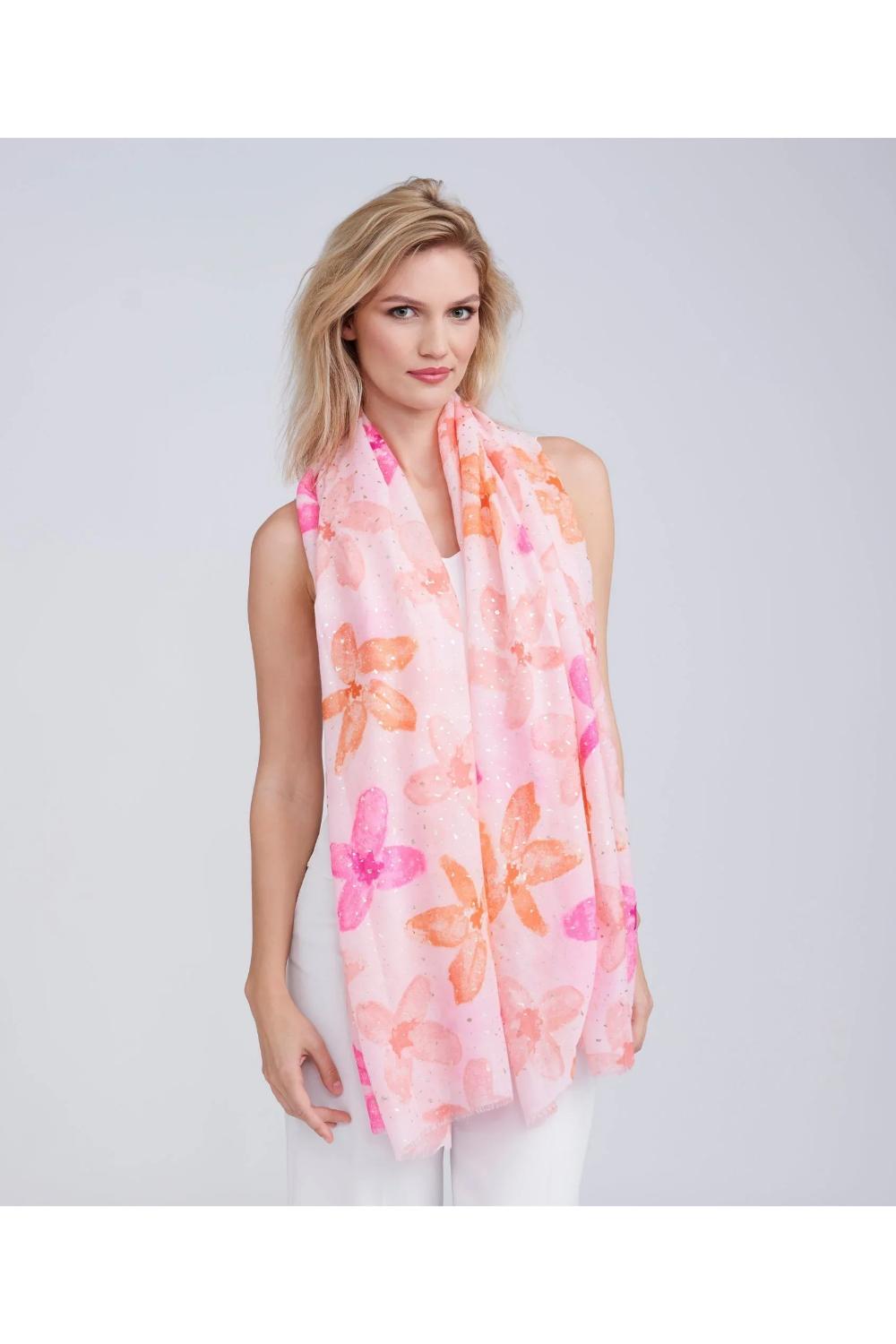 Light Pink Priya - Floral Print Scarf with Metallic Detail, Image 1 of 1