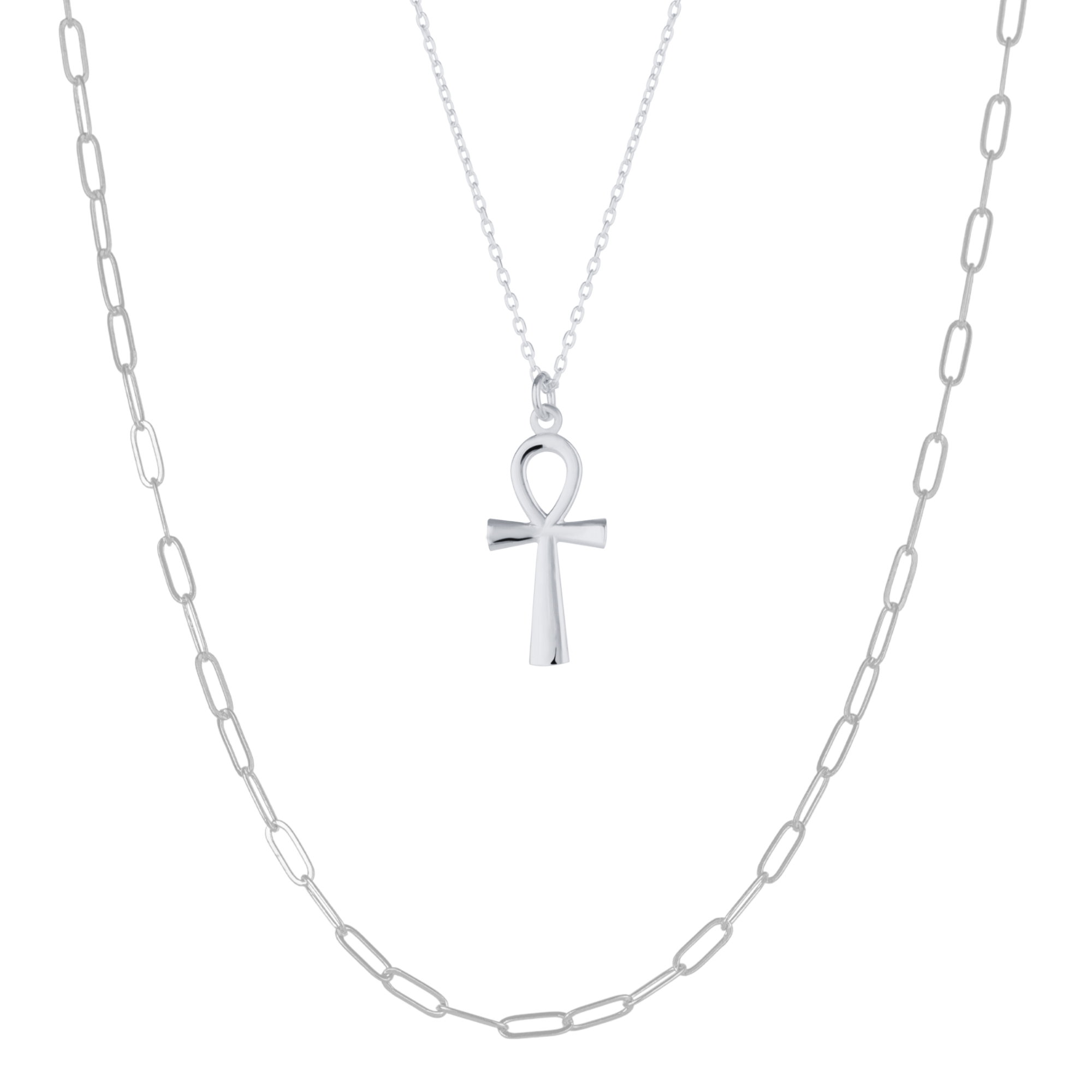 Silver Spero Silver Sterling Silver Egyptian Ankh and Large Rectangular Chain Stacking Necklace Set, Image 1 of 5