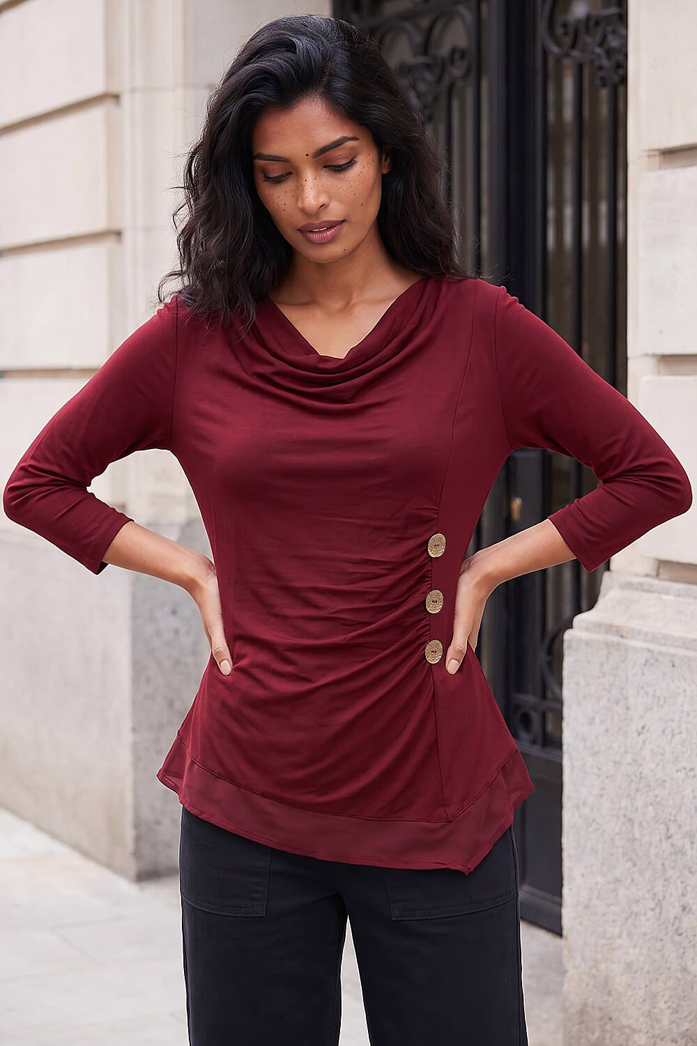Roman Women's Burgundy Button Detail Chiffon Hem Top Size 12
