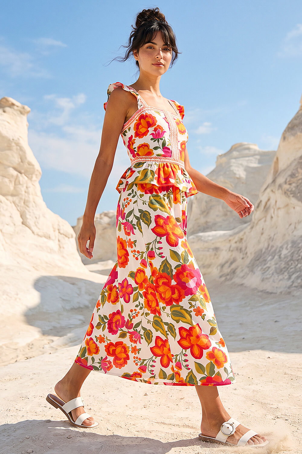 ORANGE Dusk Floral Print A-Line Midi Skirt, Image 6 of 5