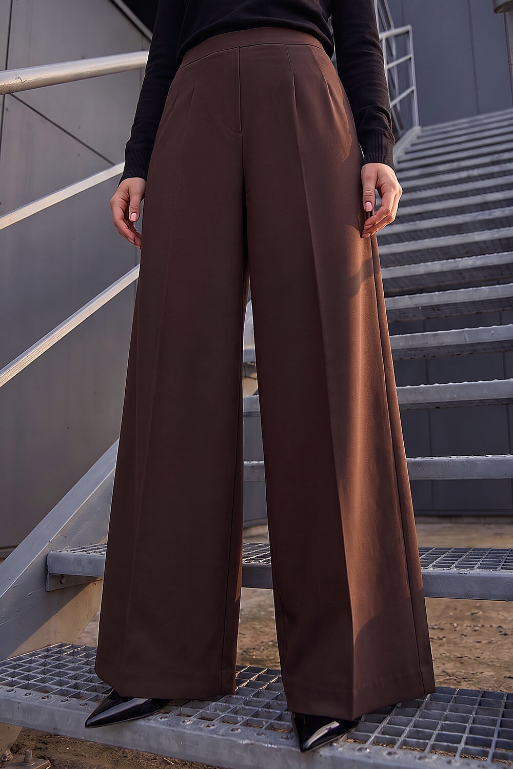 Roman Petite Women's Chocolate Wide Leg Ponte Stretch Trouser Size 10