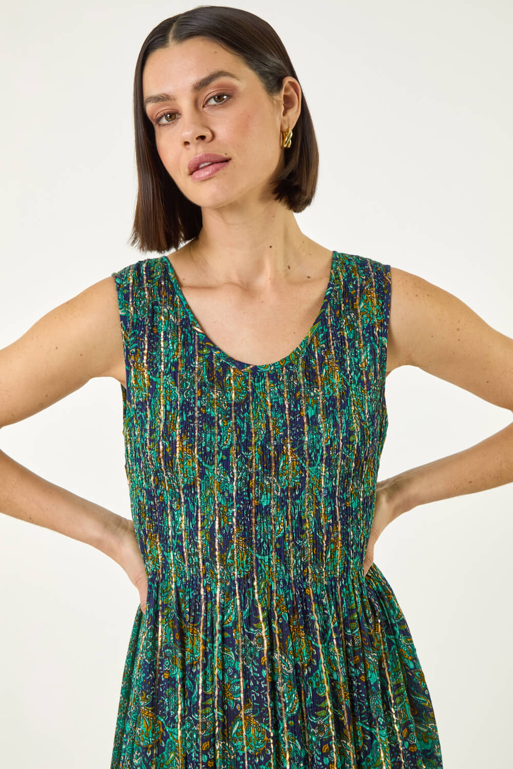 Teal Paisely Leaf Print Shirred Midi Dress, Image 5 of 5